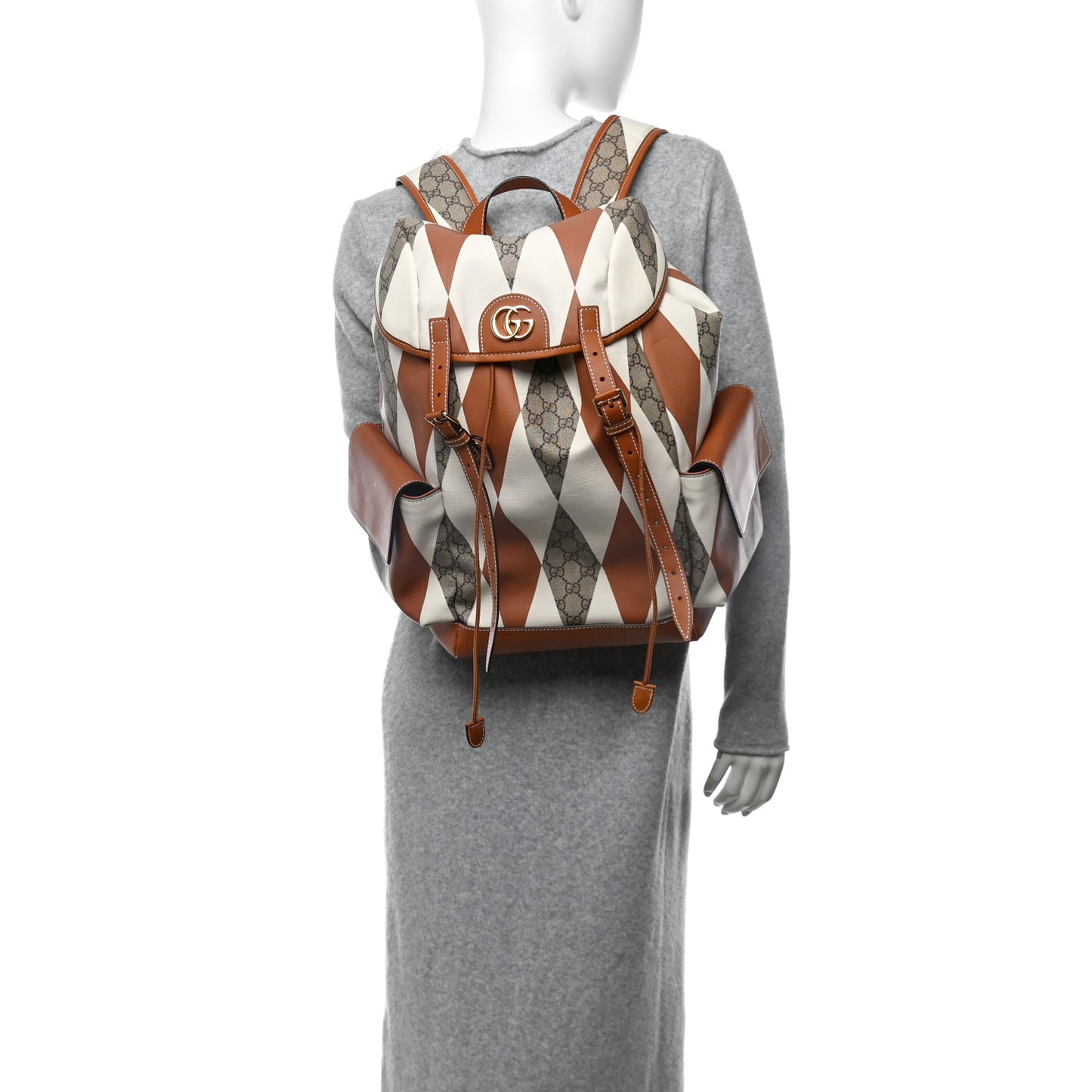 GG Supreme Monogram Calfskin Rhombus Print Medium Ophidia Double Buckle Backpack Beige Ebony Mystic White Hazel Brown