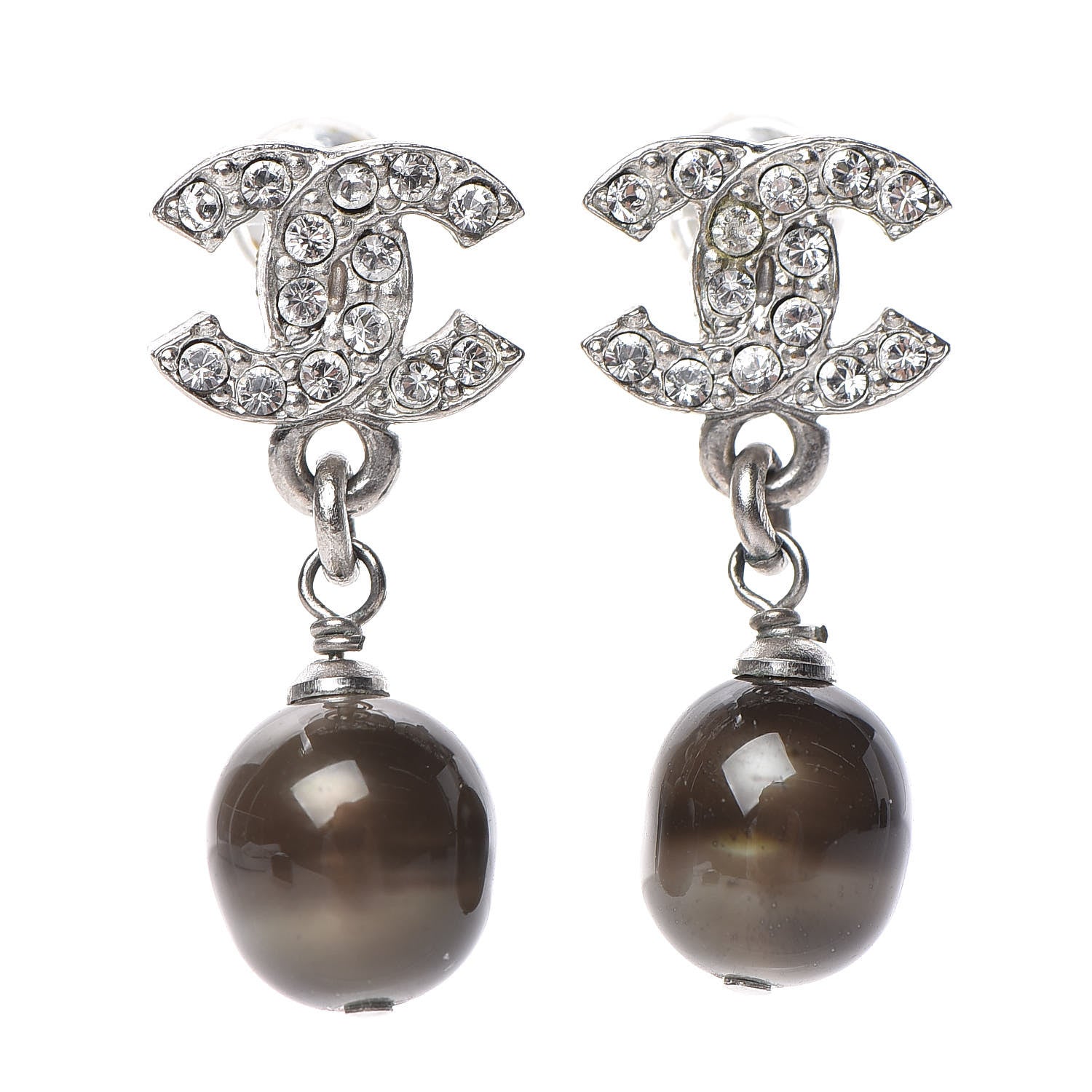 Chanel Crystal Pearl CC Drop Earrings Grey Silver 1 of 5