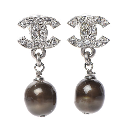 Chanel Crystal Pearl CC Drop Earrings Grey Silver 1 of 5