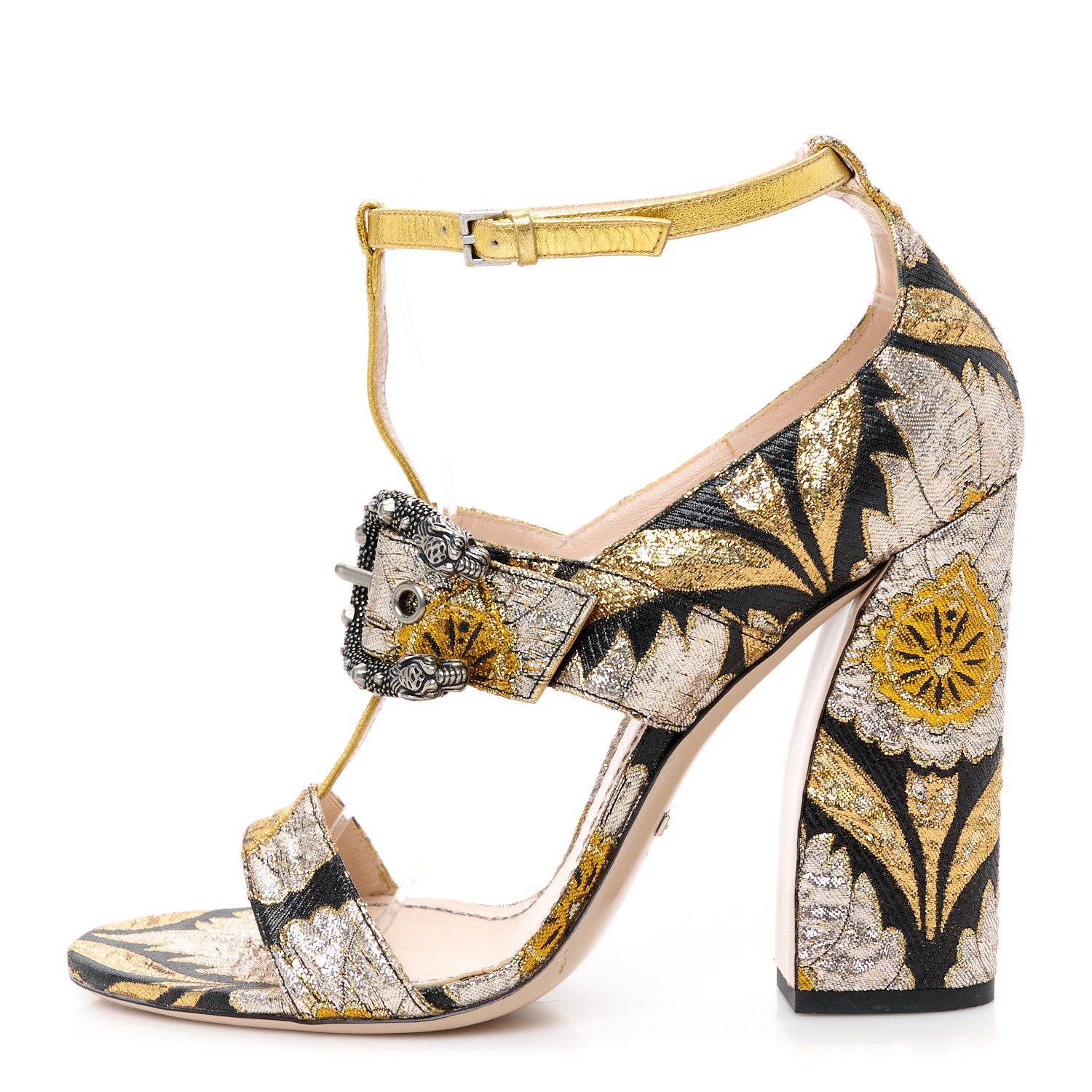 Gucci Brocade Floral Dionysus T-Strap High Heel Sandals 40 Oro 1 of 9