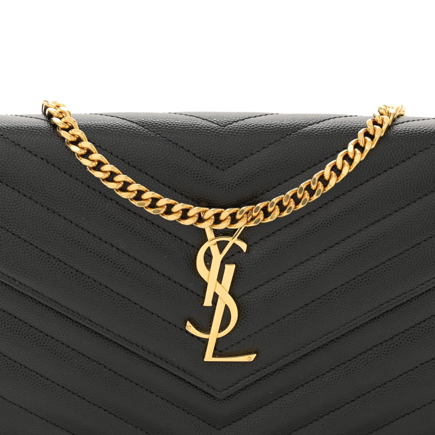 Saint Laurent Grain De Poudre Matelasse Chevron Monogram Chain Wallet Black 9 of 12