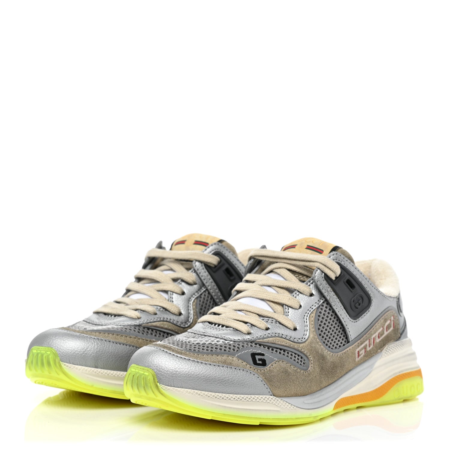 Gucci Metallic Calfskin Suede Womens Ultrapace Sneakers 36 Silver Oatmeal 3 of 8