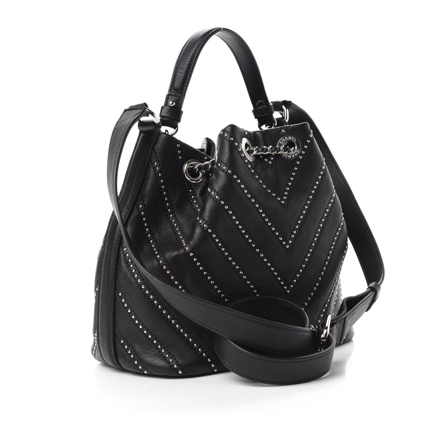 Calfskin Studded Chevron Quilted Stud Wars Drawstring Bag Black