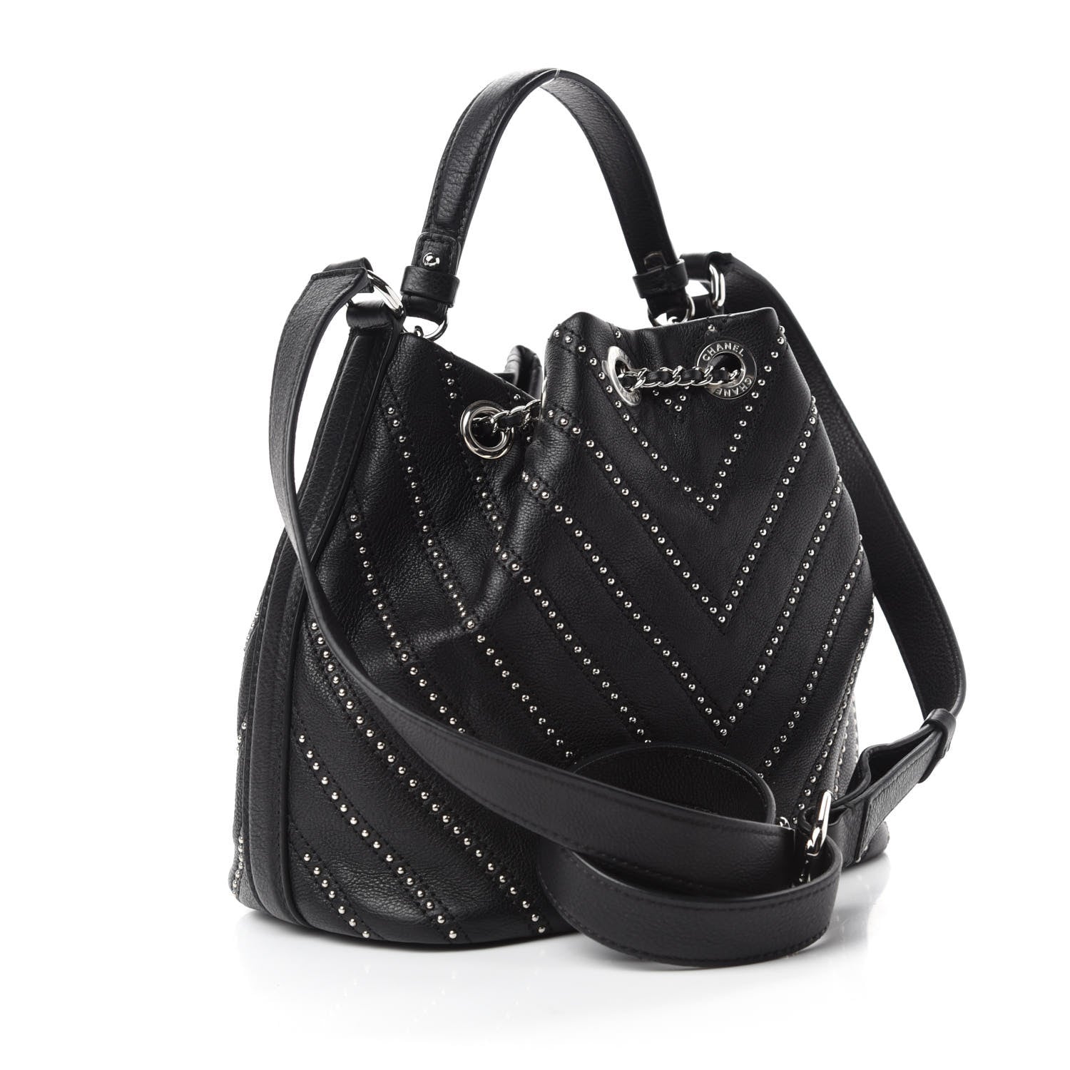 Chanel Calfskin Studded Chevron Quilted Stud Wars Drawstring Bag Black 3 of 10