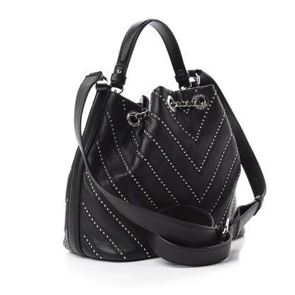Chanel Calfskin Studded Chevron Quilted Stud Wars Drawstring Bag Black 3 of 10