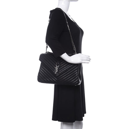 Saint Laurent Sheepskin Matelasse Chevron Monogram Monochrome Large College Satchel Black 2 of 9