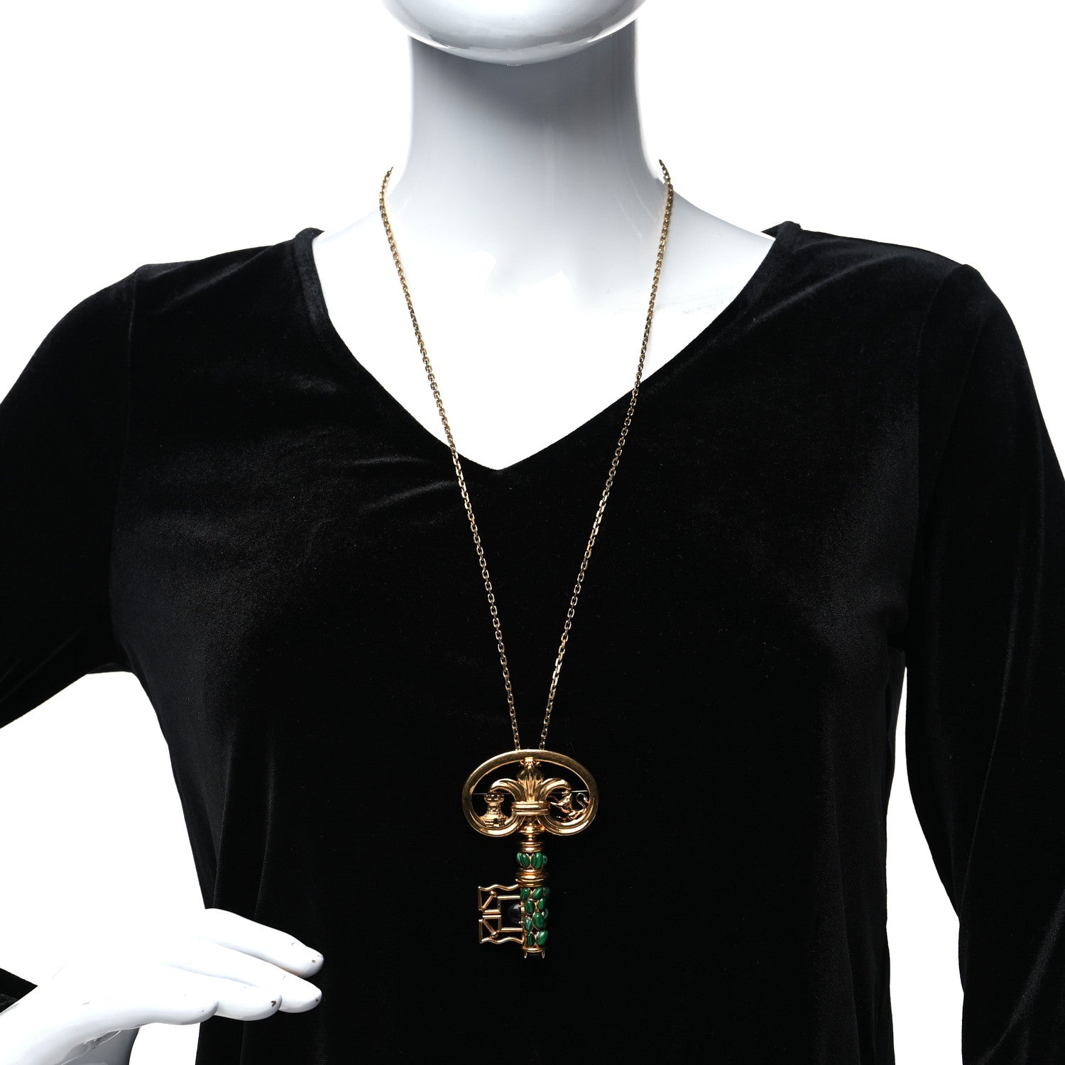 Louis Vuitton Metal Resin Fornasetti Key Brooch Necklace Gold Green 2 of 7