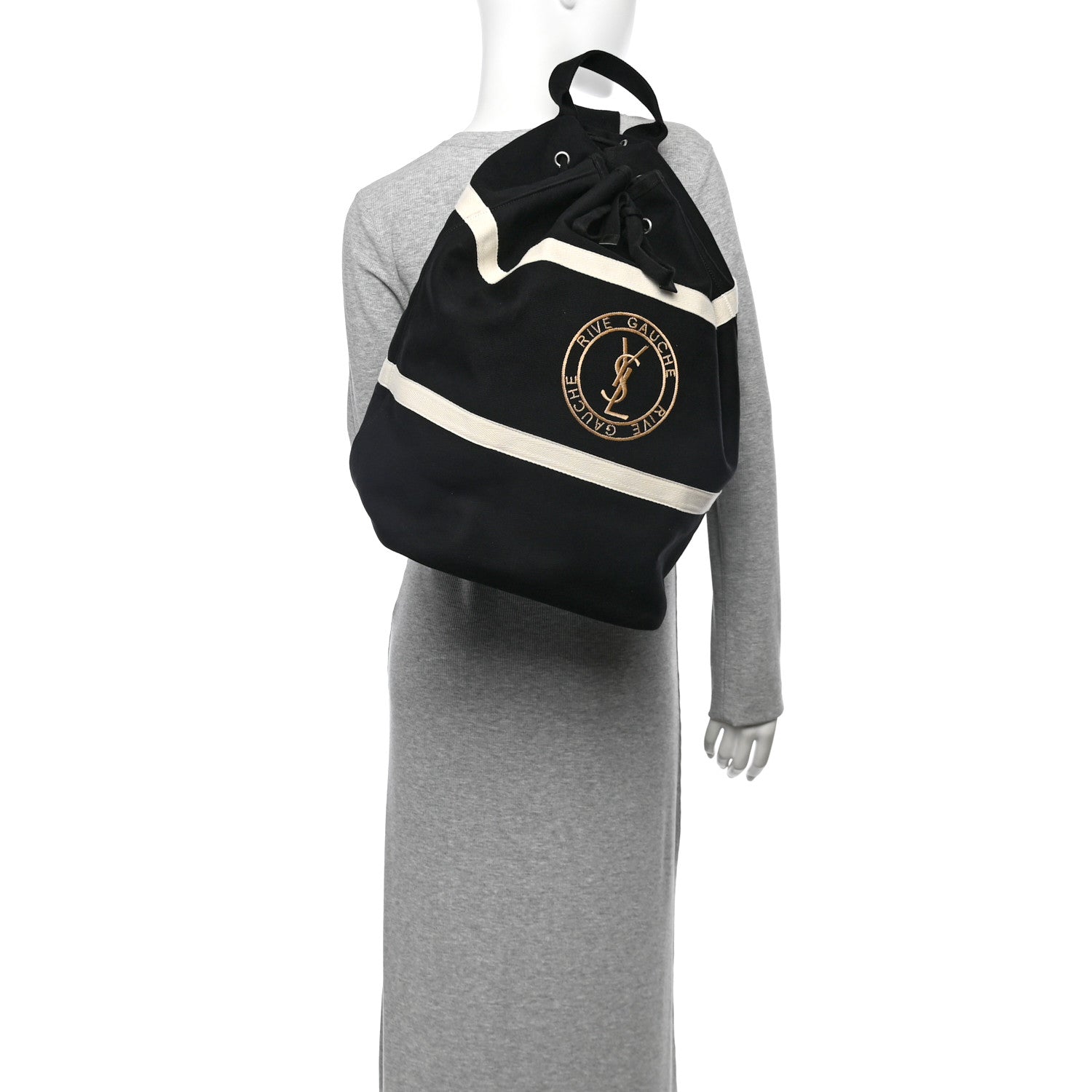 Saint Laurent Canvas Rive Gauche Drawstring Backpack Black White 2 of 15