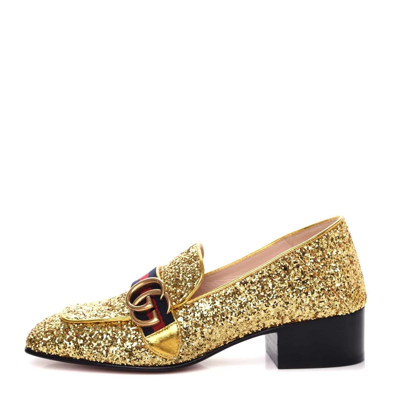 Gucci Glitter Web Peyton Loafers 36.5 Gold 1 of 11