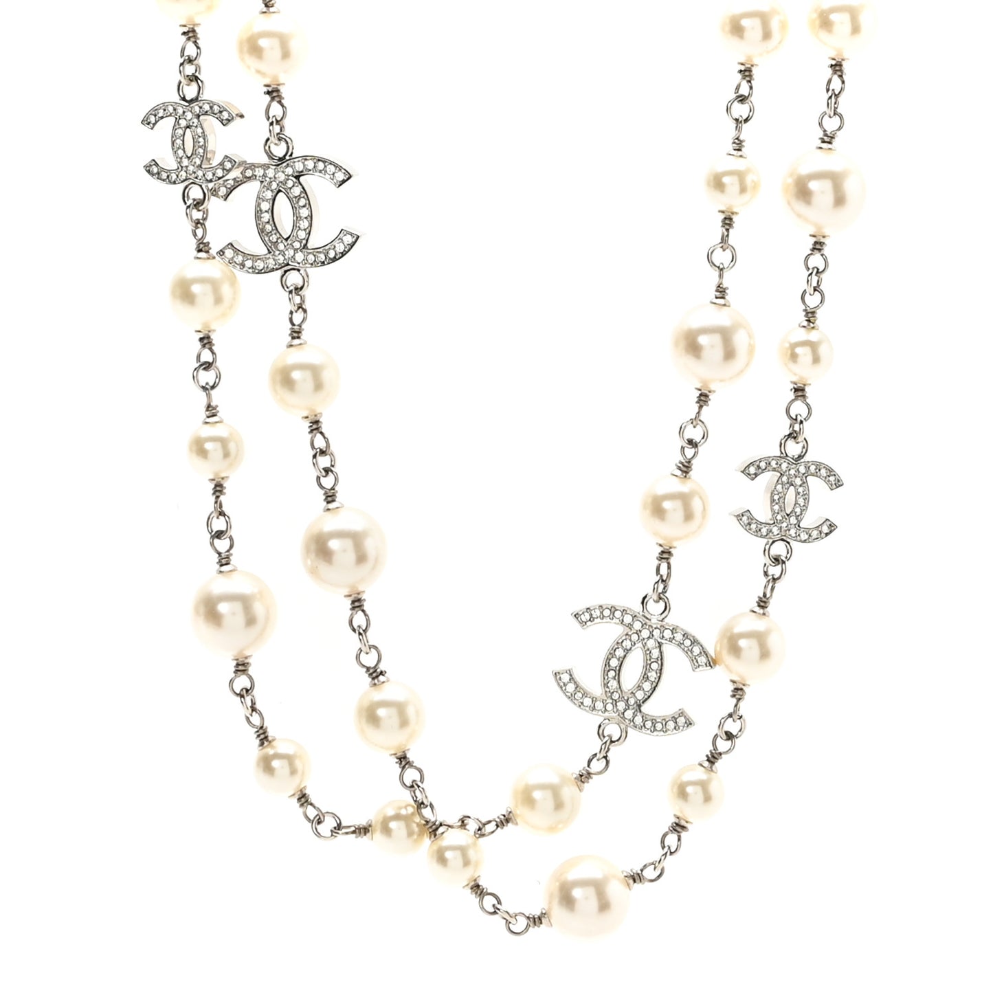Crystal Pearl CC Long Necklace Silver