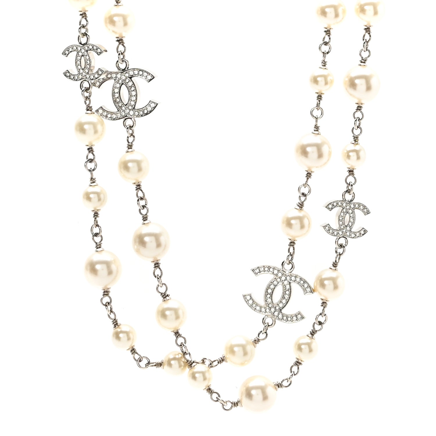 Chanel Crystal Pearl CC Long Necklace Silver 1 of 5