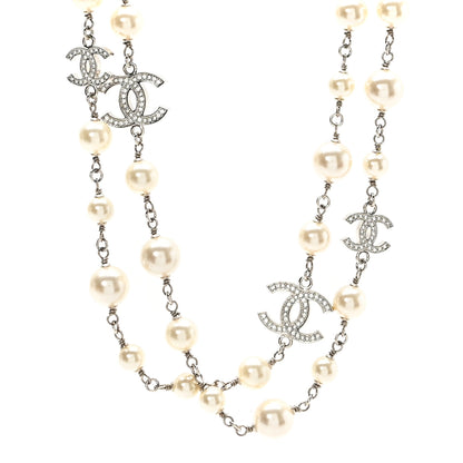 Chanel Crystal Pearl CC Long Necklace Silver 1 of 5