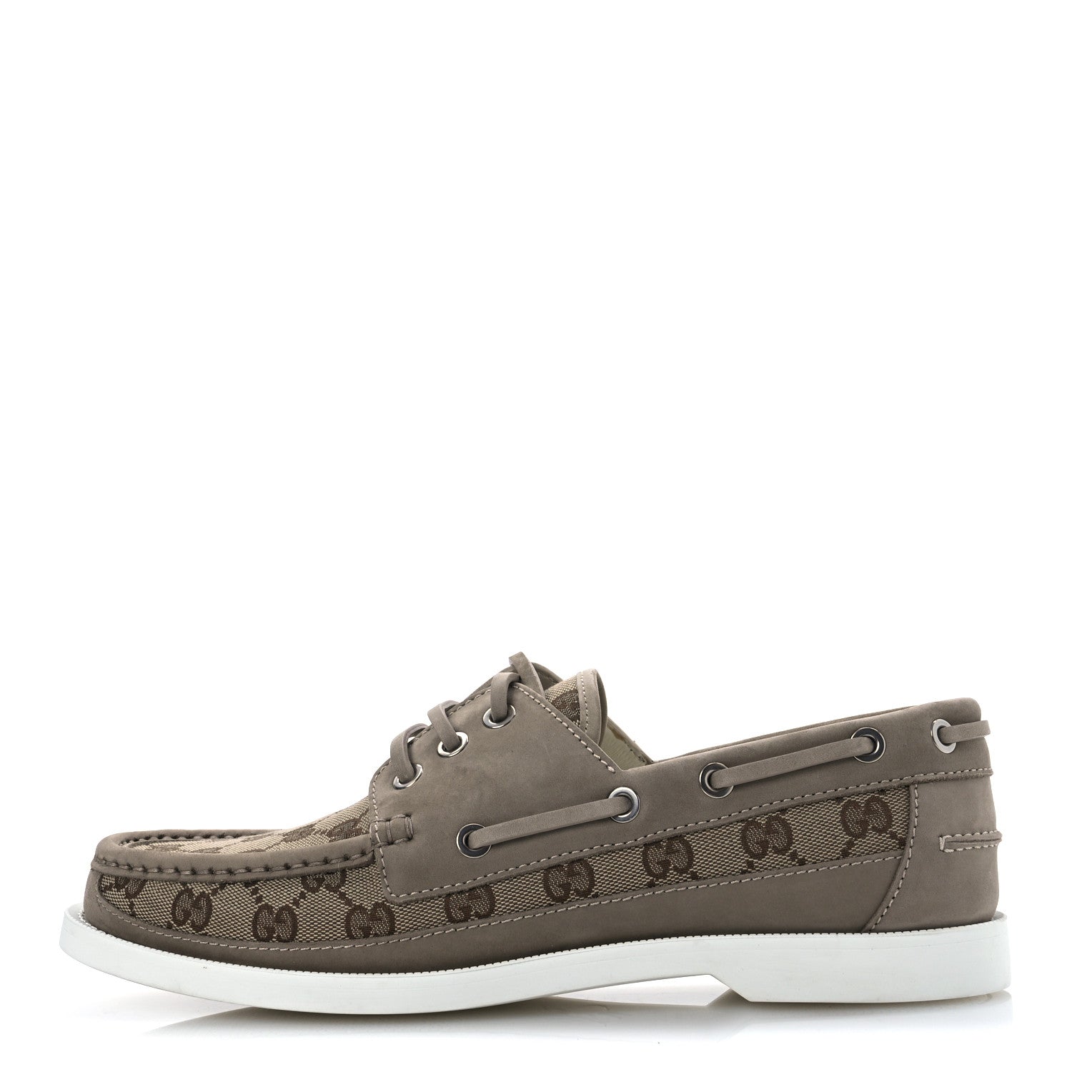 Gucci GG Supreme Monogram Canvas Nubuck Mens Lace Up Boat Shoes 9.5 Oatmeal Beige Ebony 1 of 13