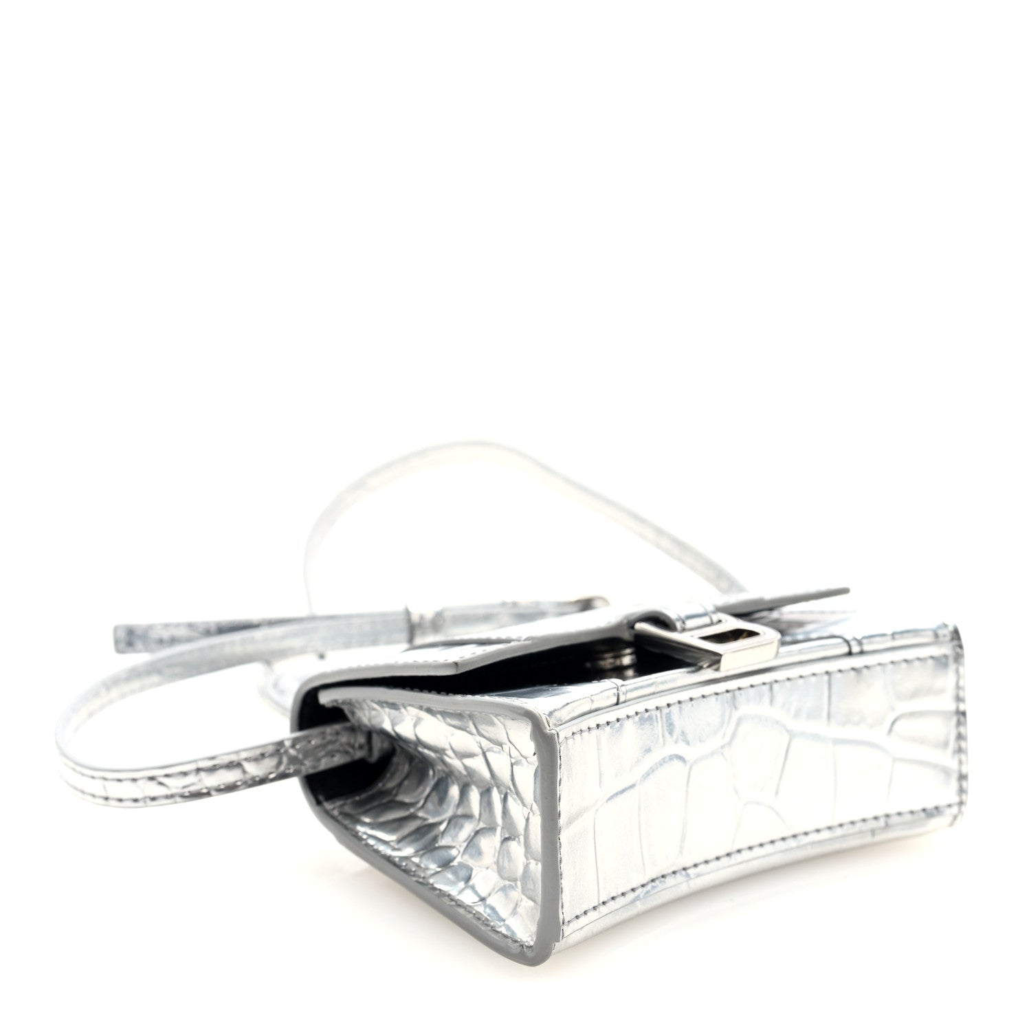 Balenciaga Metallic Calfskin Crocodile Embossed Hourglass Top Handle Bag Mini Silver 4 of 9