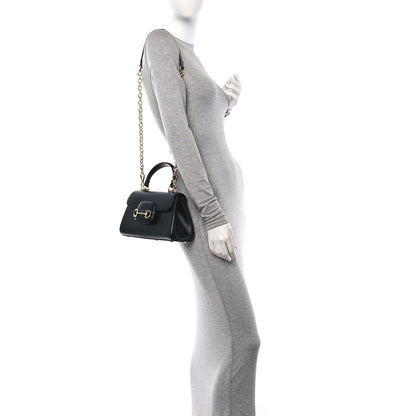 Gucci Glazed Textured Calfskin Mini Horsebit 1955 Top Handle Flap Bag Black 2 of 11