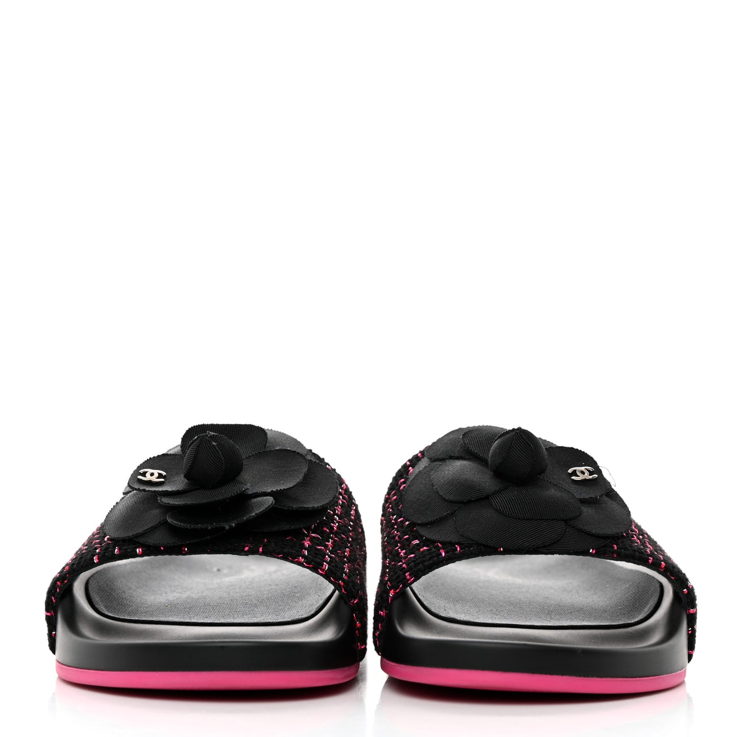 Tweed Grosgrain Camellia CC Flat Mules 35 Black Pink