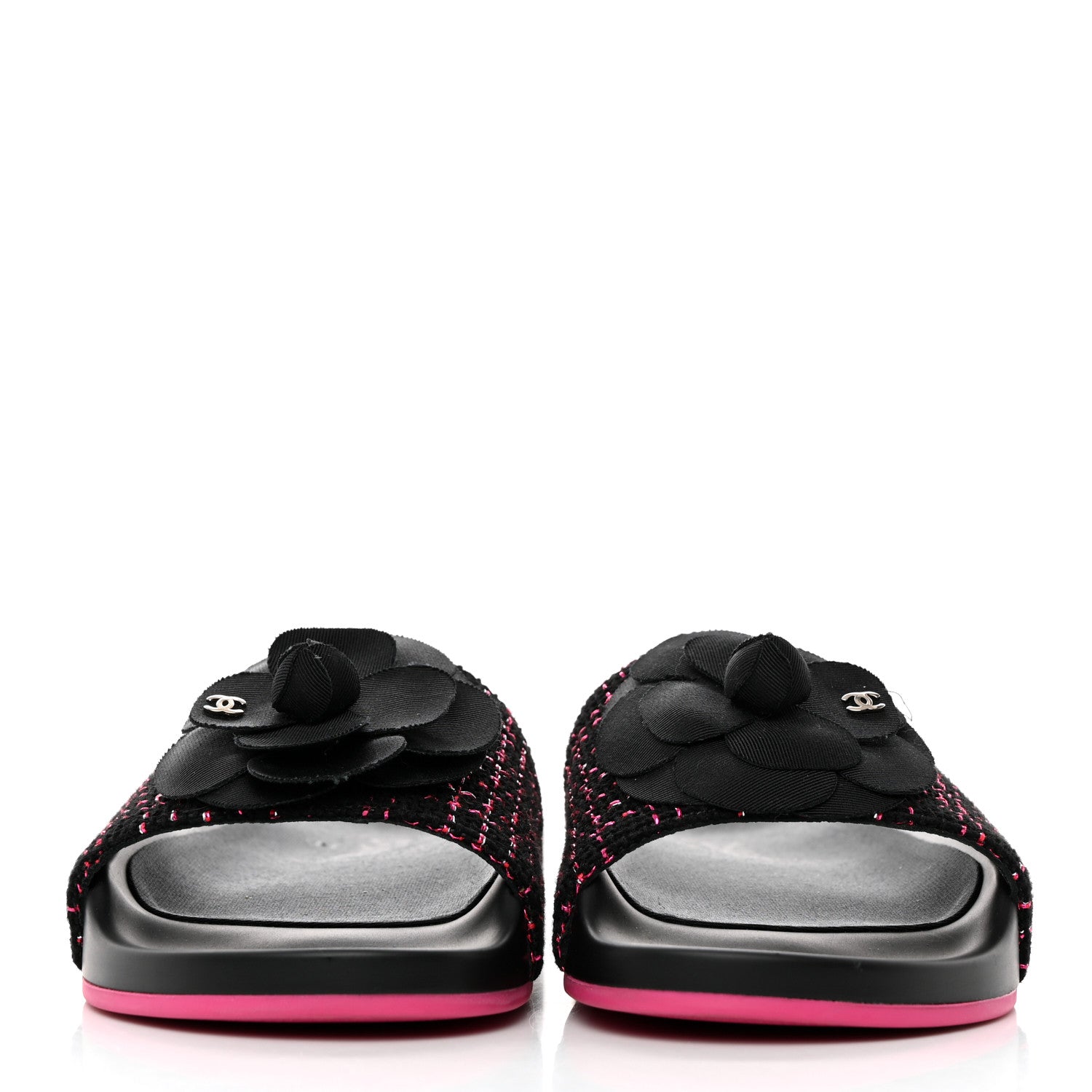 Chanel Tweed Grosgrain Camellia CC Flat Mules 35 Black Pink 2 of 8