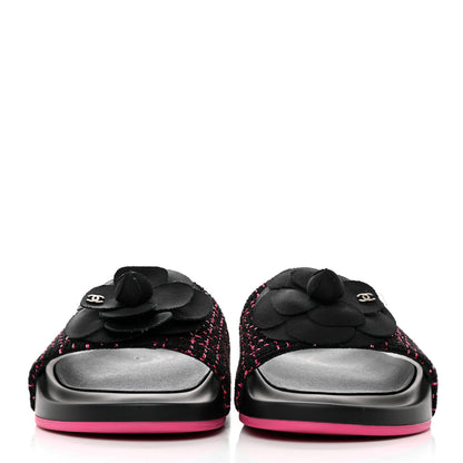 Chanel Tweed Grosgrain Camellia CC Flat Mules 35 Black Pink 2 of 8