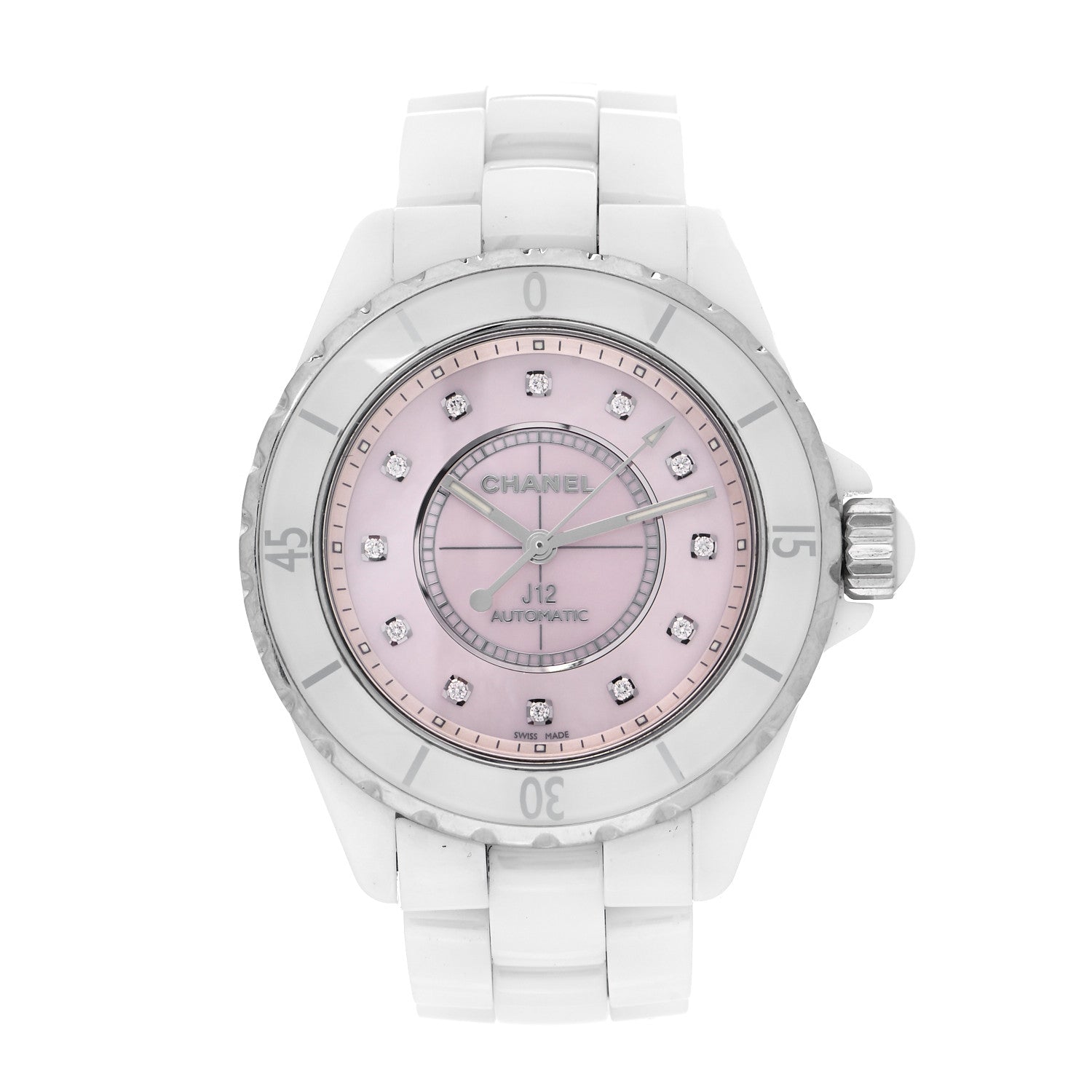 Chanel Stainless Steel Ceramic Diamond Pink Mother of Pearl 38mm J12 Automatic Watch White 1 of 4