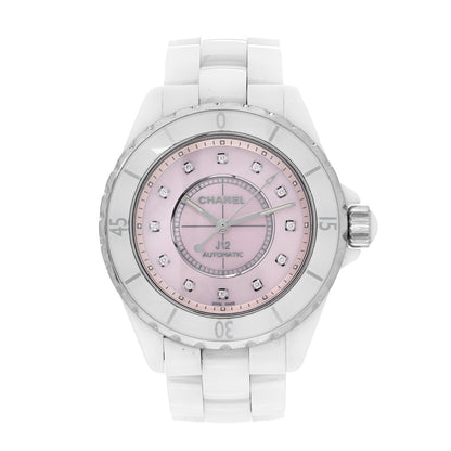 Chanel Stainless Steel Ceramic Diamond Pink Mother of Pearl 38mm J12 Automatic Watch White 1 of 4