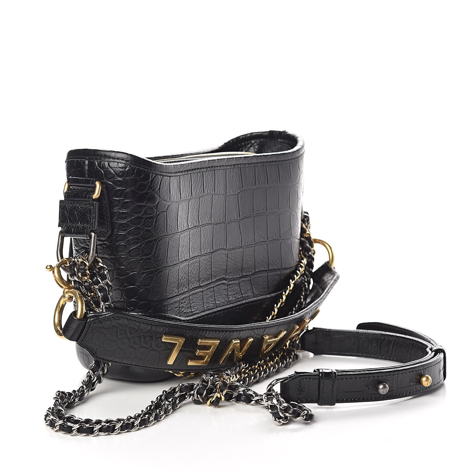 Chanel Calfskin Crocodile Embossed Small Gabrielle Cocodile Hobo Black 3 of 11