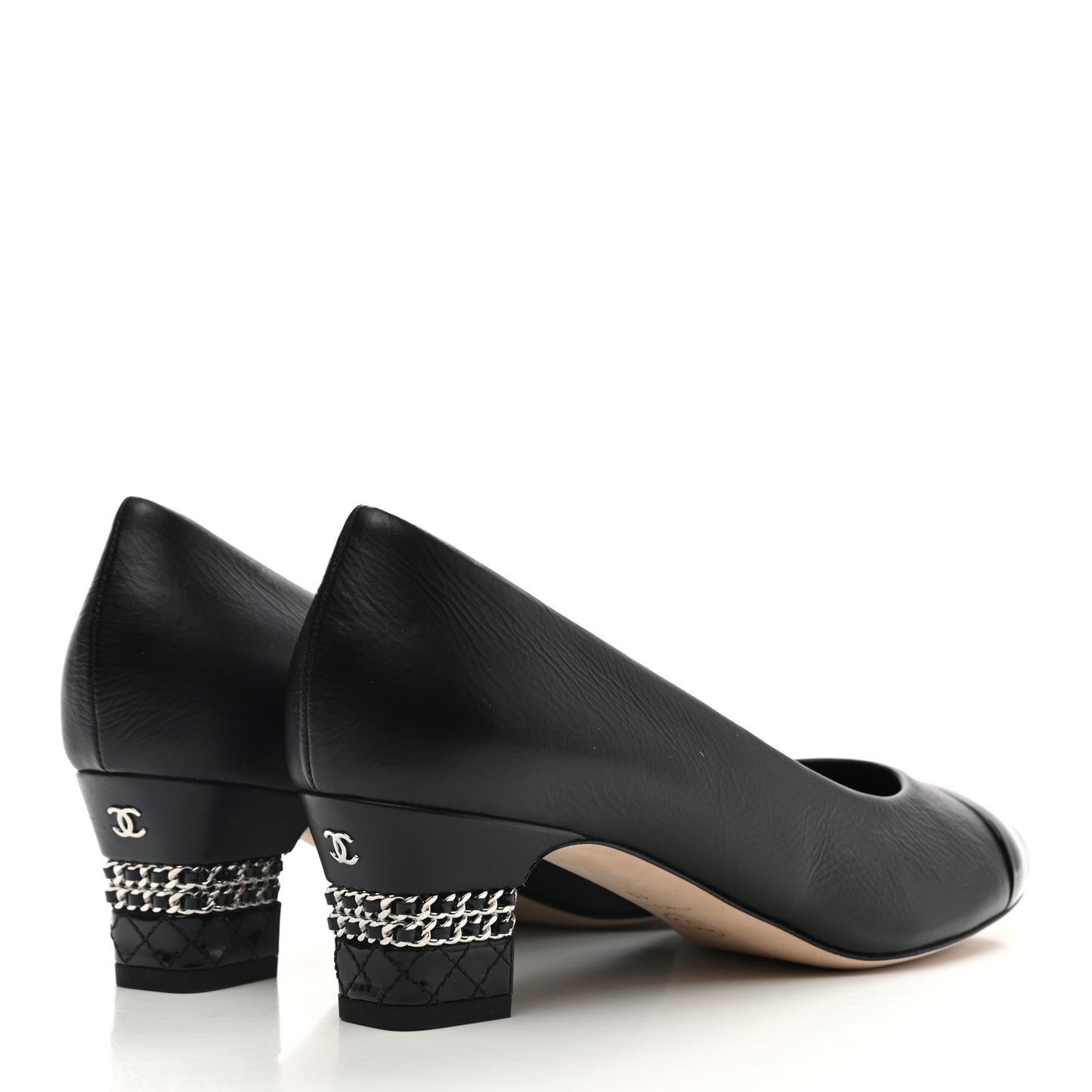 Patent Calfskin CC Cap Toe Chain Pumps 39 Black