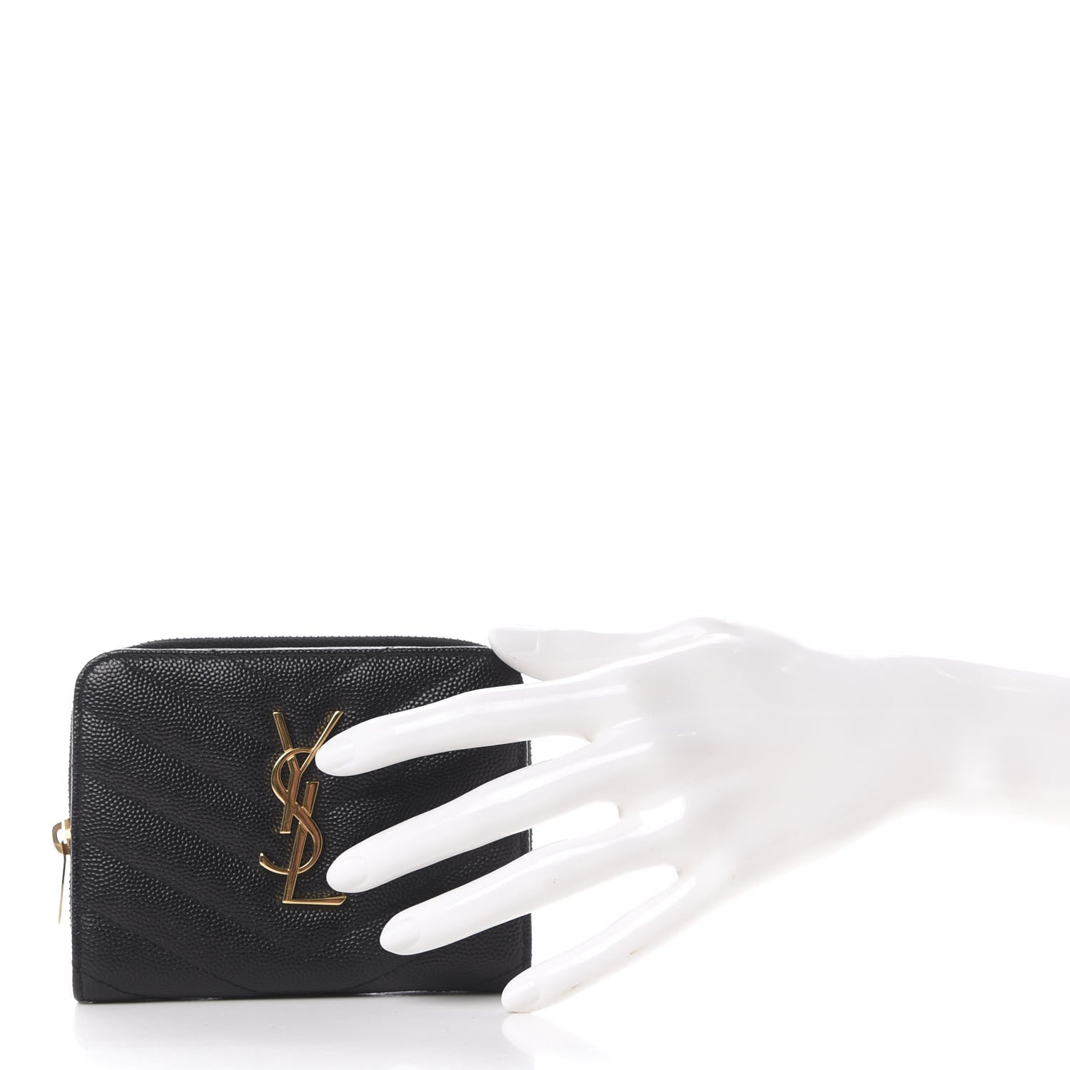 Saint Laurent Grain De Poudre Matelasse Chevron Monogram Compact Zip Around Wallet Black 2 of 9