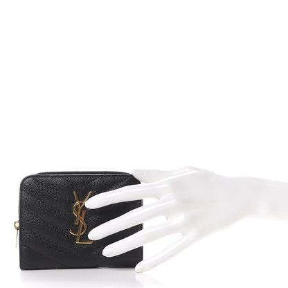 Saint Laurent Grain De Poudre Matelasse Chevron Monogram Compact Zip Around Wallet Black 2 of 9