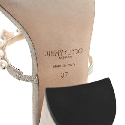 Jimmy Choo Shimmer Suede Pearl Embellished Amara 85 Mule Sandals 37 Champagne White 7 of 9