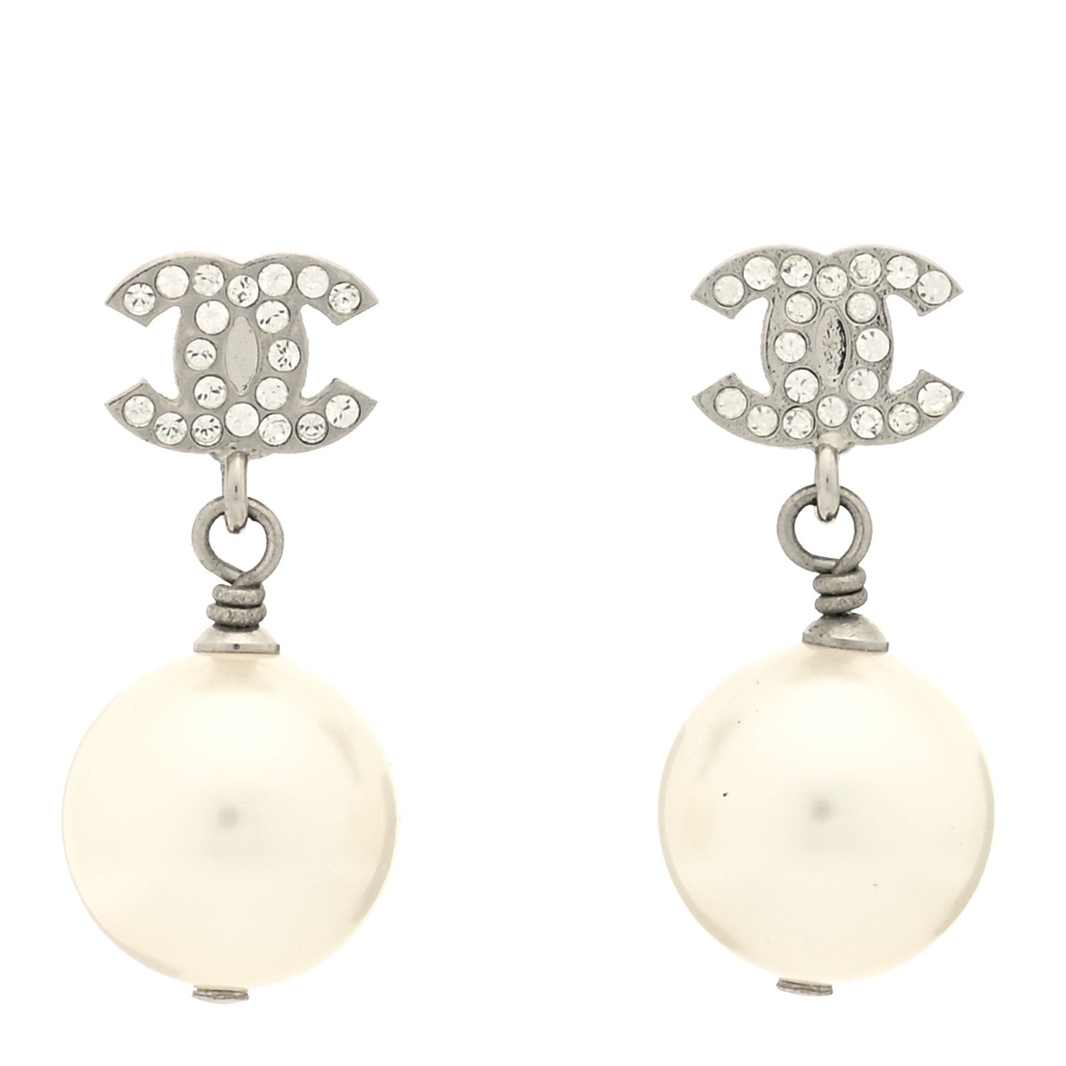 Chanel Crystal Pearl CC Drop Earrings Silver Pearly White 1 of 3