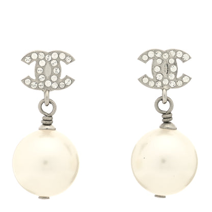 Chanel Crystal Pearl CC Drop Earrings Silver Pearly White 1 of 3