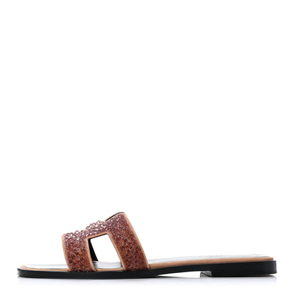 Hermes Suede Goatskin Crystal Oran Sandals 37.5 Rose Nude 1 of 8