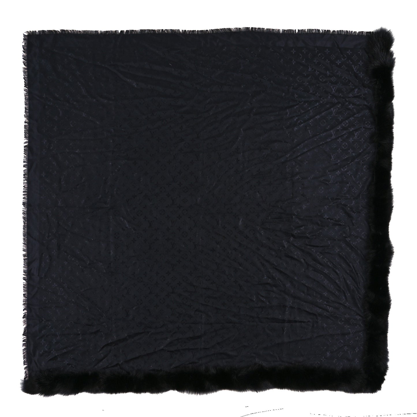 Silk Wool Monogram Fox V Fur Shawl Black
