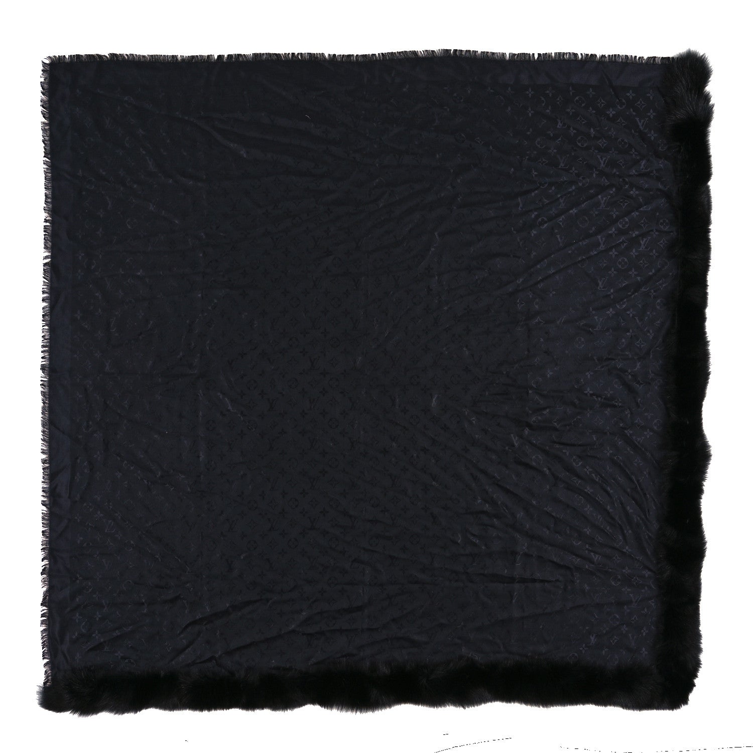 Louis Vuitton Silk Wool Monogram Fox V Fur Shawl Black 1 of 3