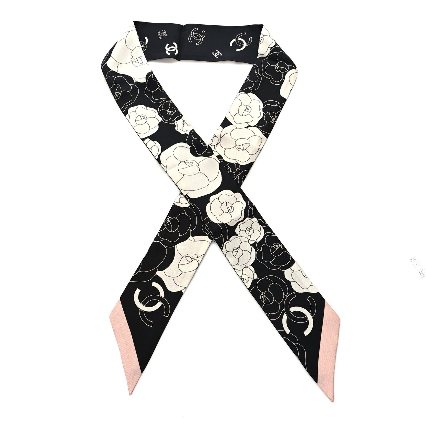 Silk Slim Camellia CC Bandeau Scarf Black White Pink