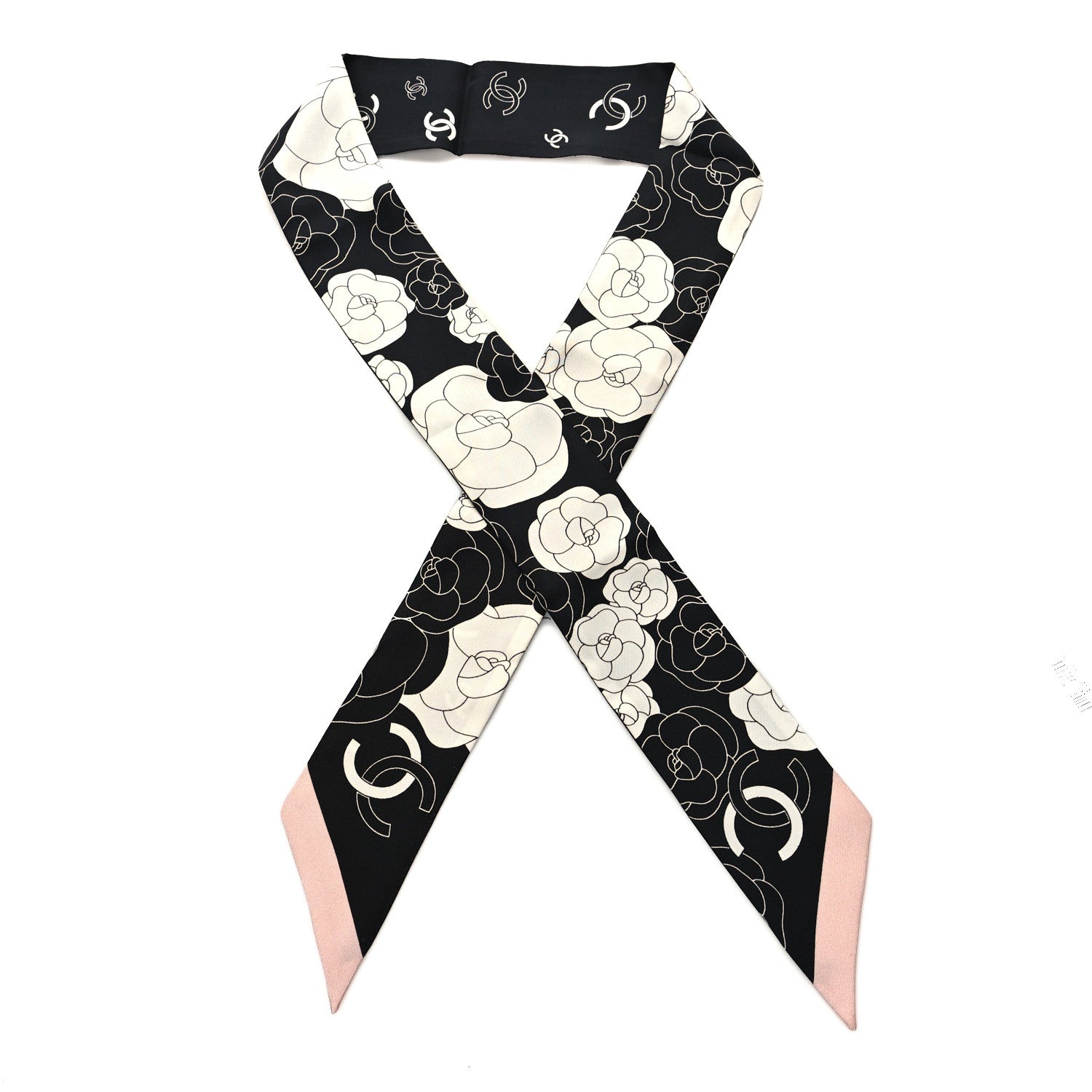 Chanel Silk Slim Camellia CC Bandeau Scarf Black White Pink 1 of 3