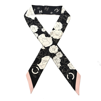 Chanel Silk Slim Camellia CC Bandeau Scarf Black White Pink 1 of 3