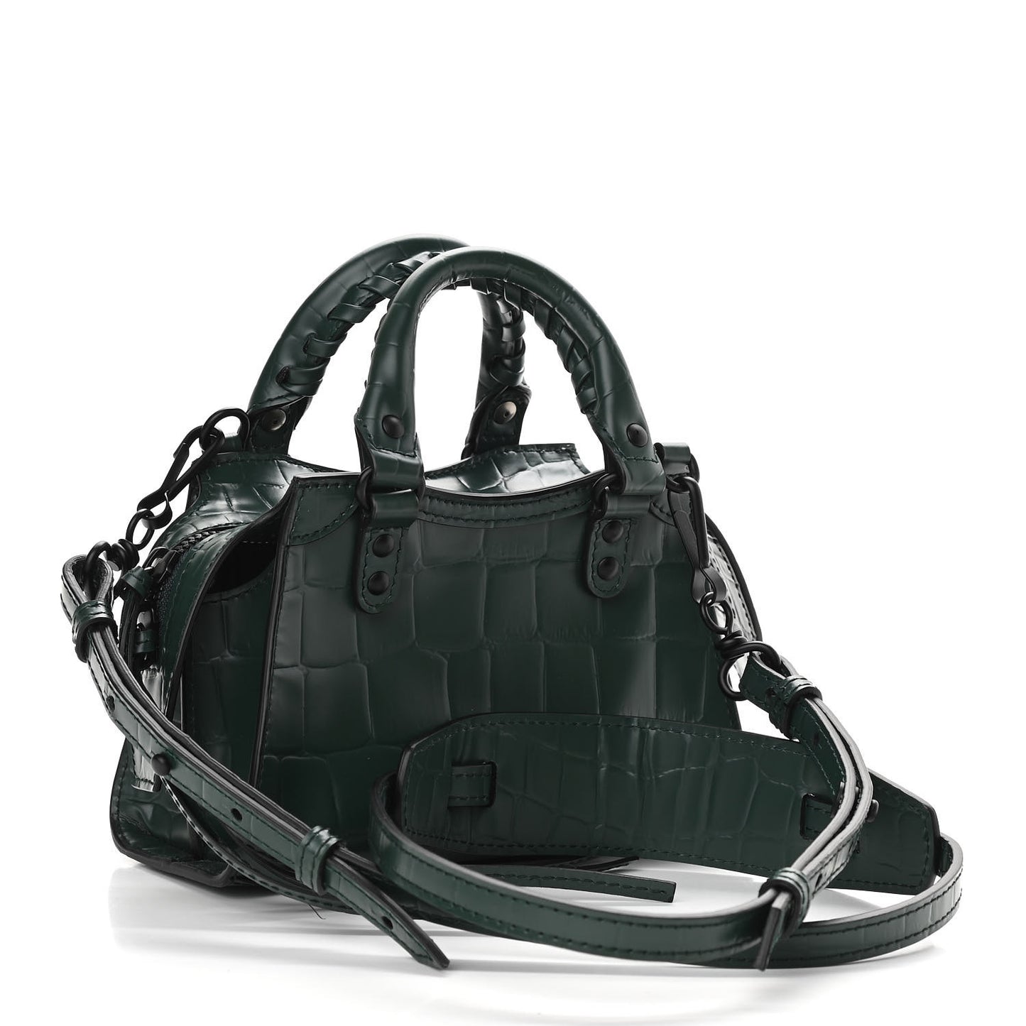 Semi Shiny Calfskin Crocodile Embossed Neo Classic Black Hardware Nano City Crossbody Forest Green