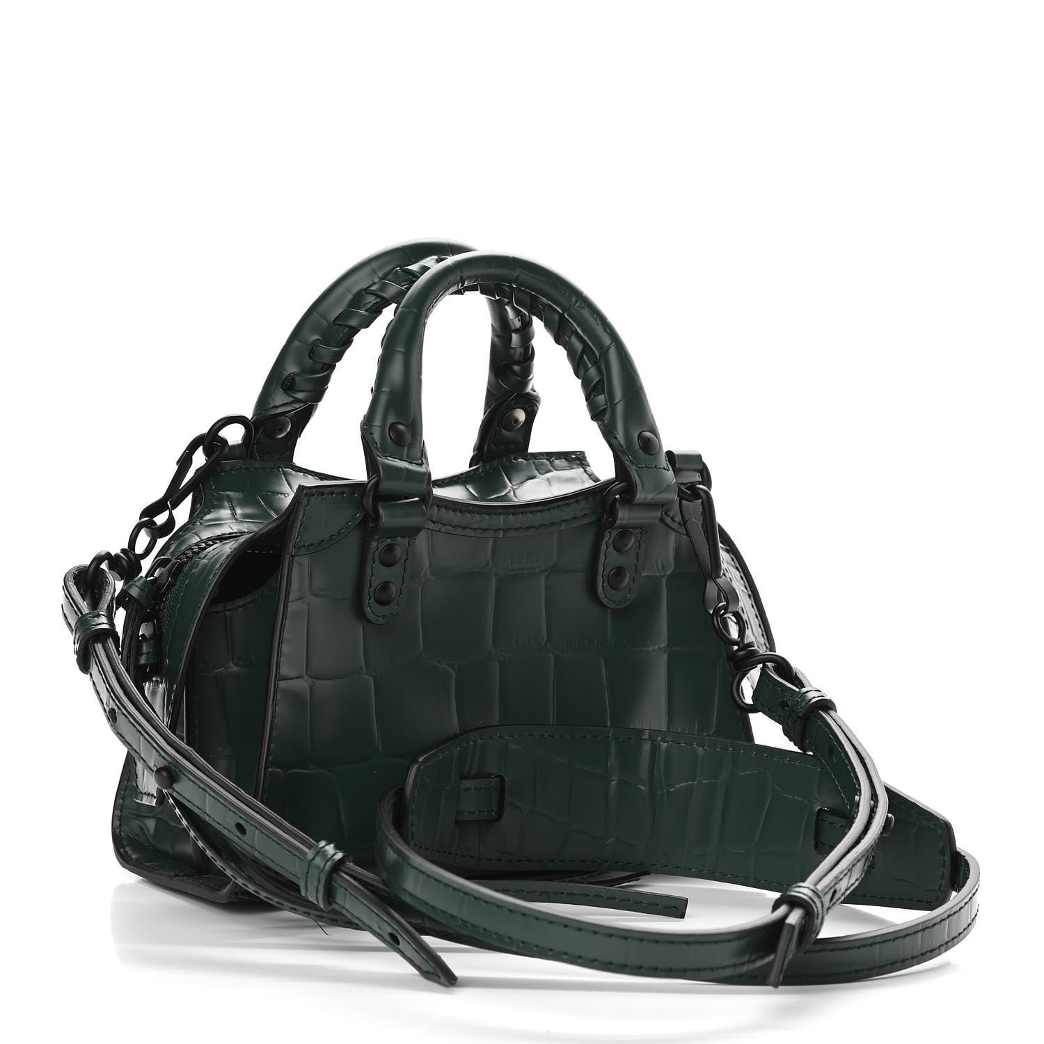 Balenciaga Semi Shiny Calfskin Crocodile Embossed Neo Classic Black Hardware Nano City Crossbody Forest Green 3 of 10