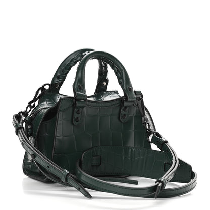 Balenciaga Semi Shiny Calfskin Crocodile Embossed Neo Classic Black Hardware Nano City Crossbody Forest Green 3 of 10