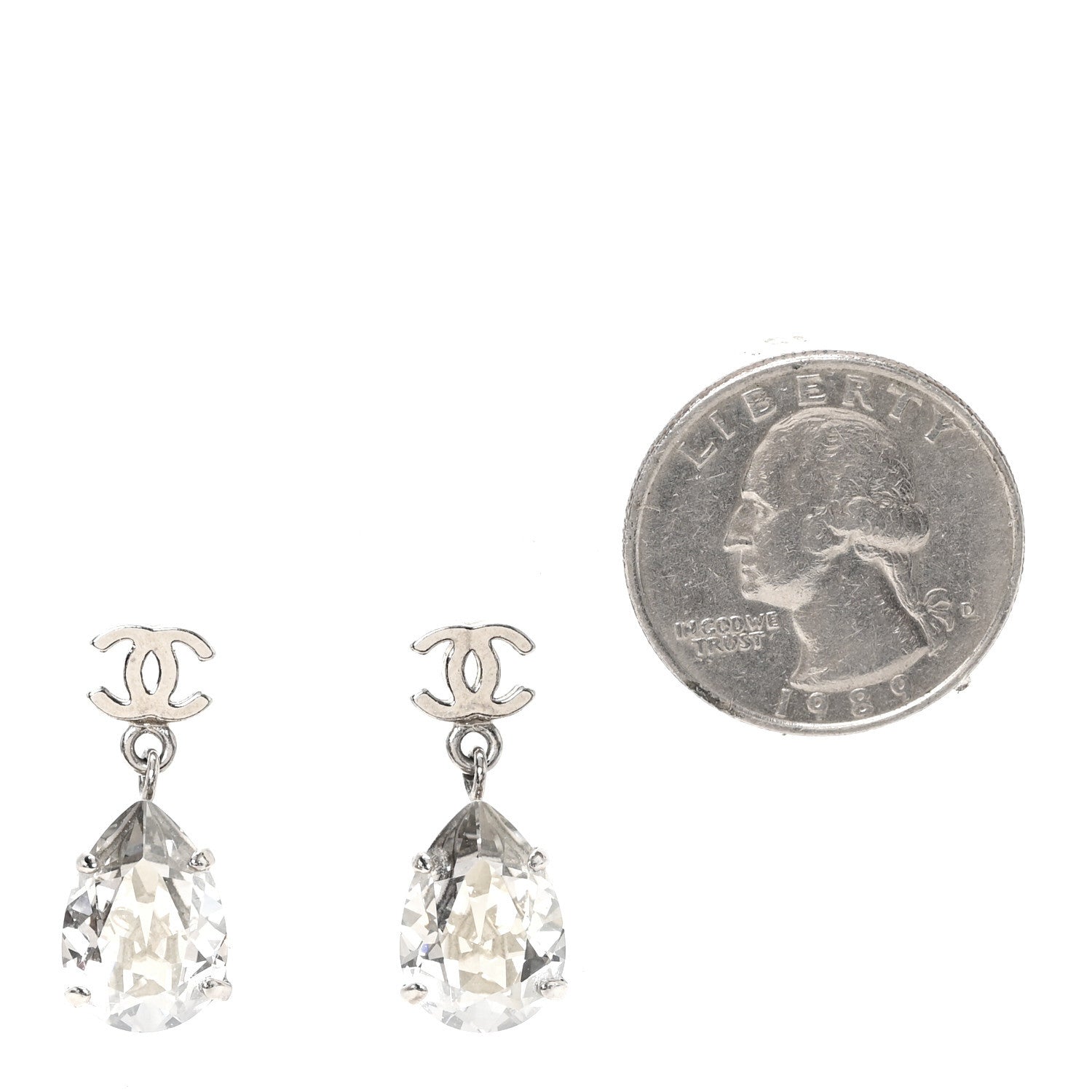 Chanel CC Crystal Teardrop Dangle Earrings Silver 3 of 4