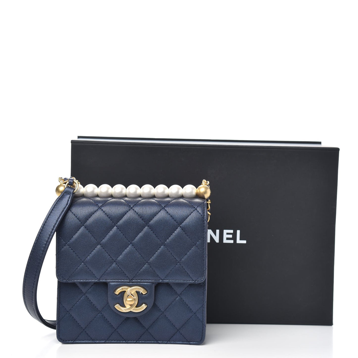 Iridescent Lambskin Quilted Chic Pearls Flap Navy Blue
