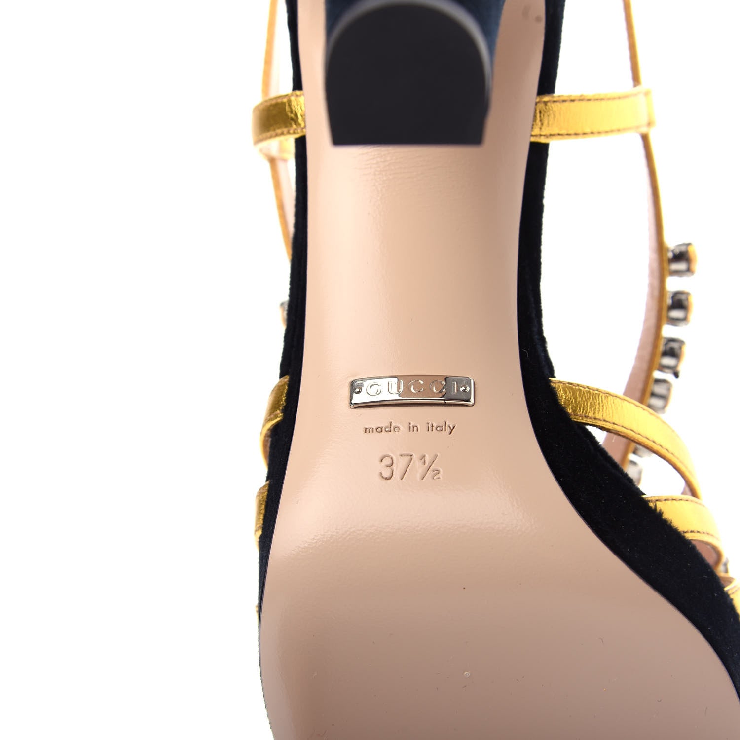 Gucci Velvet Nappa Crystal Zephyra Slingback Platform High Heel Sandals 37.5 Black Gold 9 of 10