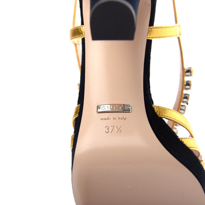 Gucci Velvet Nappa Crystal Zephyra Slingback Platform High Heel Sandals 37.5 Black Gold 9 of 10