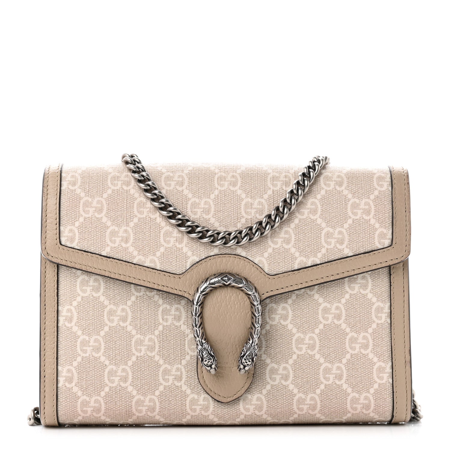 Gucci GG Supreme Monogram Textured Dollar Calfskin Mini Dionysus Chain Wallet Beige Mystic White Oatmeal 1 of 9