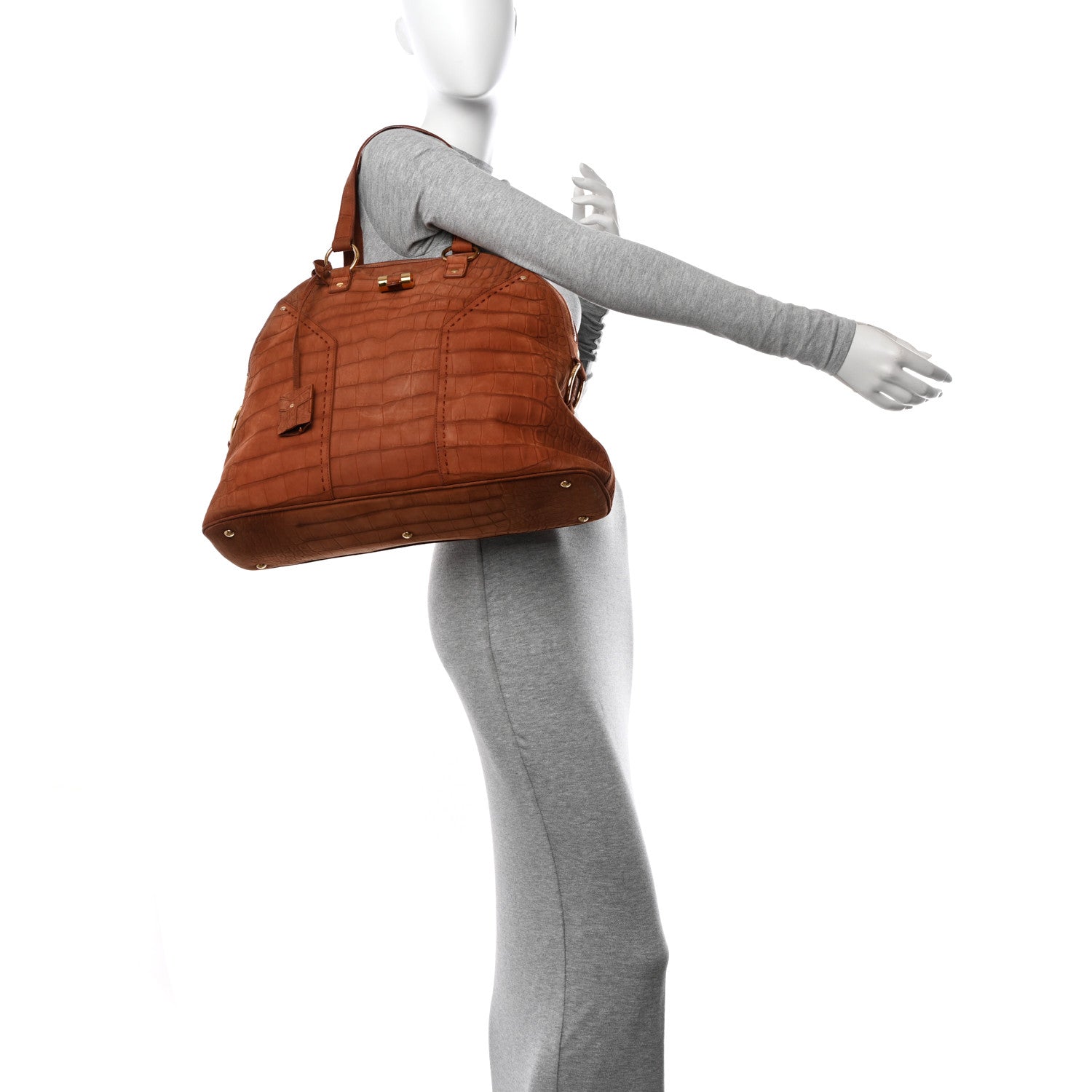 Saint Laurent Nubuck Crocodile Embossed Oversized Muse Brown 2 of 12