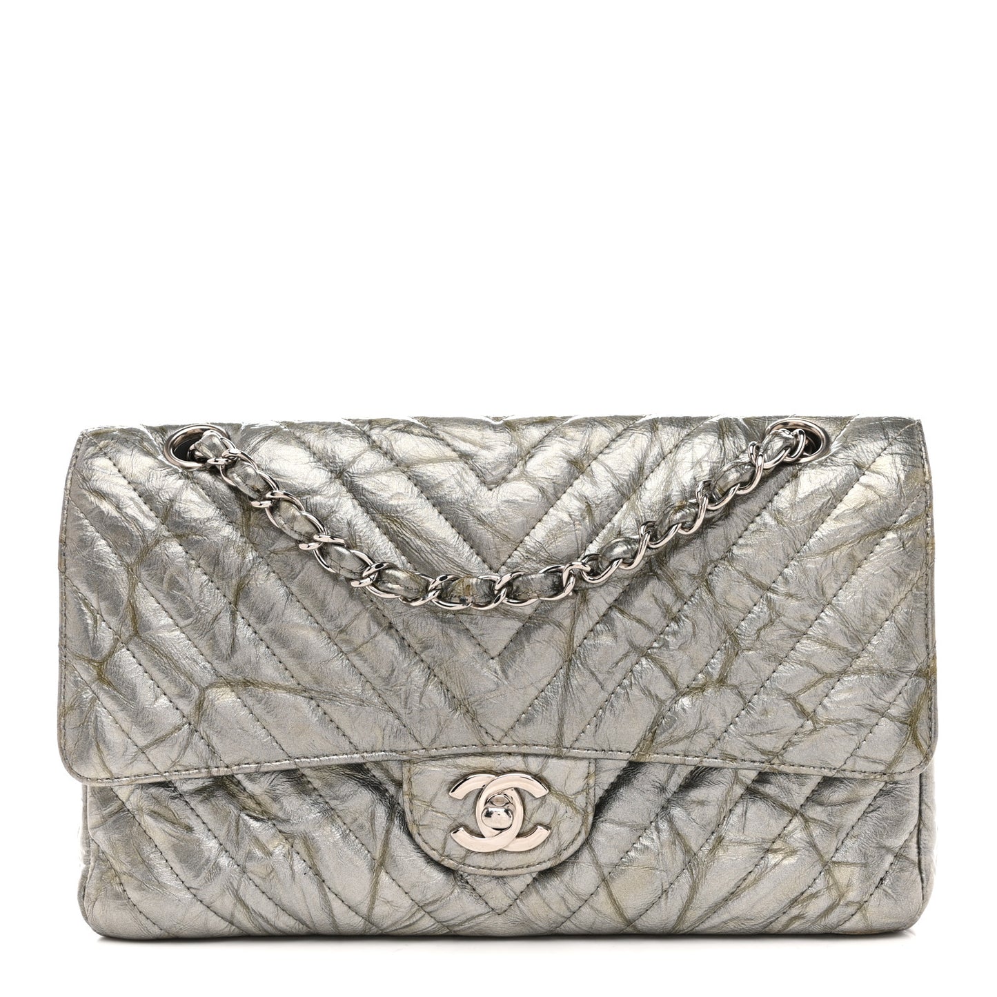Metallic Patent Crumpled Calfskin Chevron Quilted Medium Double Flap Silver