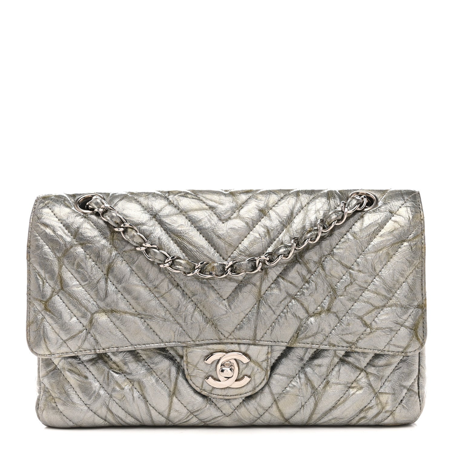 Chanel Metallic Patent Crumpled Calfskin Chevron Quilted Medium Double Flap Silver 1 of 13