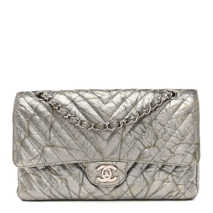 Chanel Metallic Patent Crumpled Calfskin Chevron Quilted Medium Double Flap Silver 1 of 13