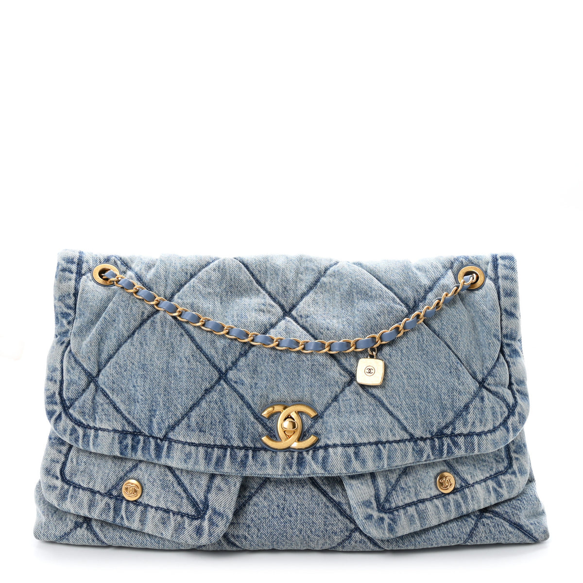 Washed Denim Quilted Maxi Flap Bag Blue
